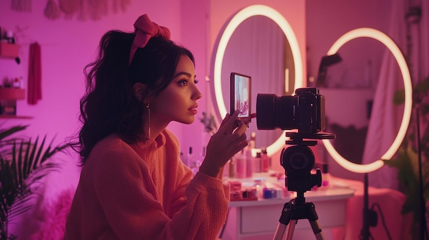 A beauty influencer recording a makeup tutorial with a camera and ring light setup surrounded by co