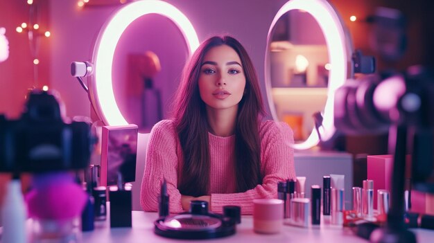 A beauty influencer recording a makeup tutorial with a camera and ring light setup surrounded by co