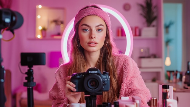 Photo a beauty influencer recording a makeup tutorial with a camera and ring light setup surrounded by co