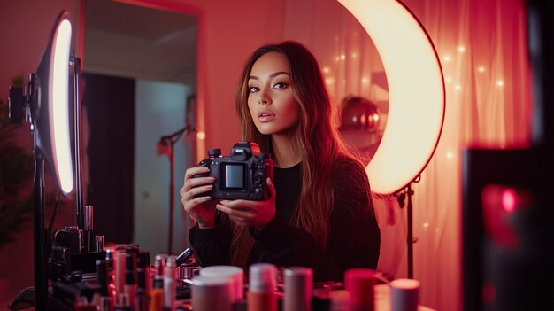 A beauty influencer recording a makeup tutorial with a camera and ring light setup surrounded by co