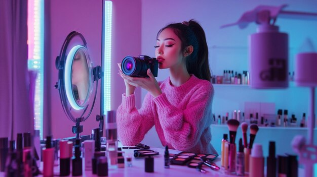 A beauty influencer recording a makeup tutorial with a camera and ring light setup surrounded by co