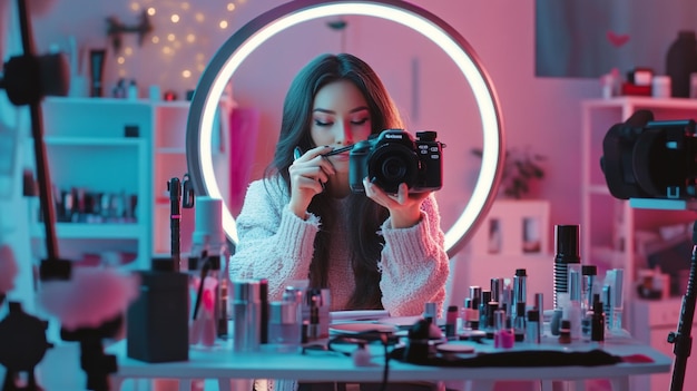 A beauty influencer recording a makeup tutorial with a camera and ring light setup surrounded by co