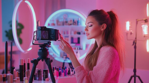 A beauty influencer recording a makeup tutorial with a camera and ring light setup surrounded by co