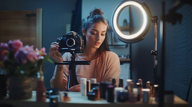 Photo a beauty influencer recording a makeup tutorial with a camera and ring light setup surrounded by co