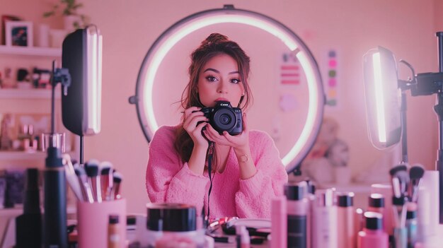 A beauty influencer recording a makeup tutorial with a camera and ring light setup surrounded by co