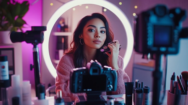 A beauty influencer recording a makeup tutorial with a camera and ring light setup surrounded by co