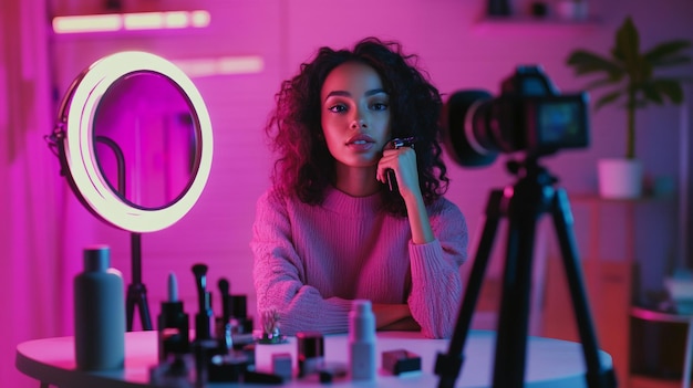 Photo a beauty influencer recording a makeup tutorial with a camera and ring light setup surrounded by co