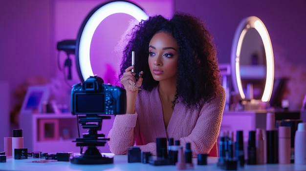 A beauty influencer recording a makeup tutorial with a camera and ring light setup surrounded by co