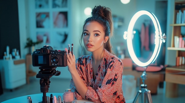 Photo a beauty influencer recording a makeup tutorial with a camera and ring light setup surrounded by co