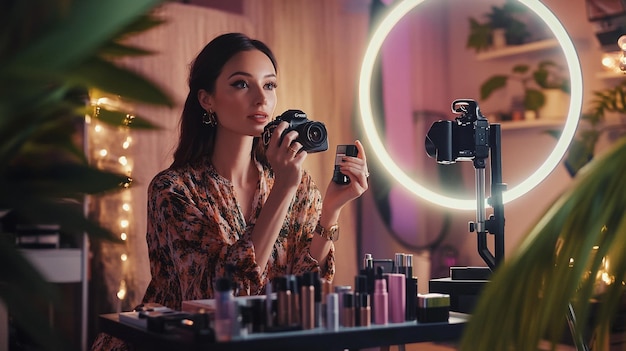 A beauty influencer recording a makeup tutorial with a camera and ring light setup surrounded by co