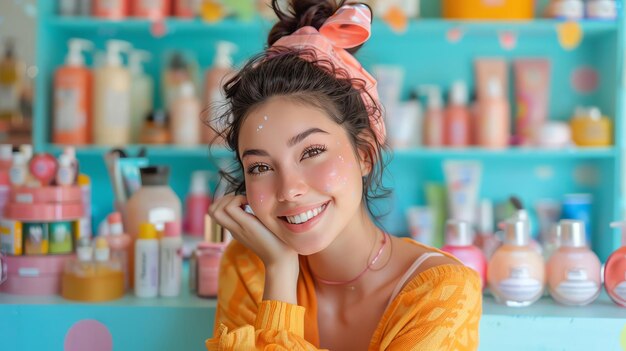 Photo a beauty influencer surrounded by products with a bright and cheerful background