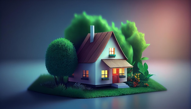 Beauty and little house with trees scene generative AI