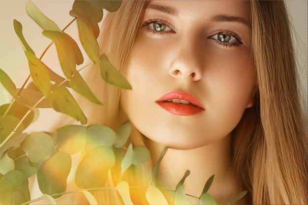 Beauty makeup and hairstyle face portrait of beautiful woman with green leaves branch red lipstick makeup for skincare cosmetics and fashion look