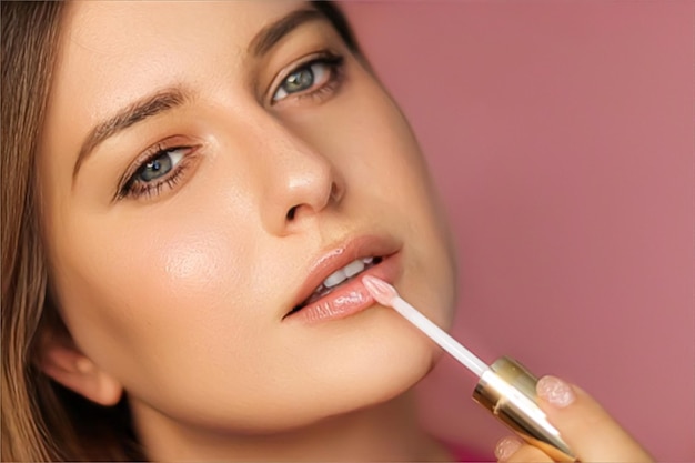 Beauty makeup and skincare cosmetics model face portrait on pink background beautiful woman applying lip gloss perfect healthy skin glow facial care