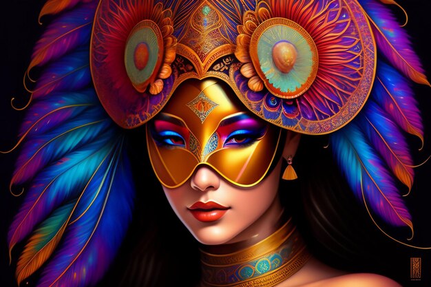 Beauty model woman wearing ethnic and amazing mask carnival mask at party ai genrative