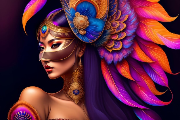 Beauty model woman wearing ethnic and amazing mask carnival mask at party ai genrative