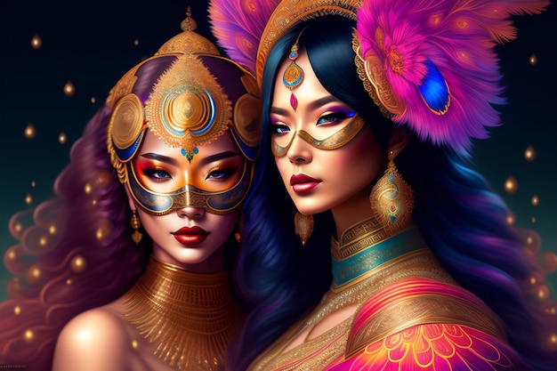 Beauty model woman wearing ethnic and amazing mask carnival mask at party ai genrative