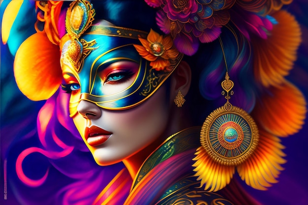 Beauty model woman wearing ethnic and amazing mask carnival mask at party ai genrative