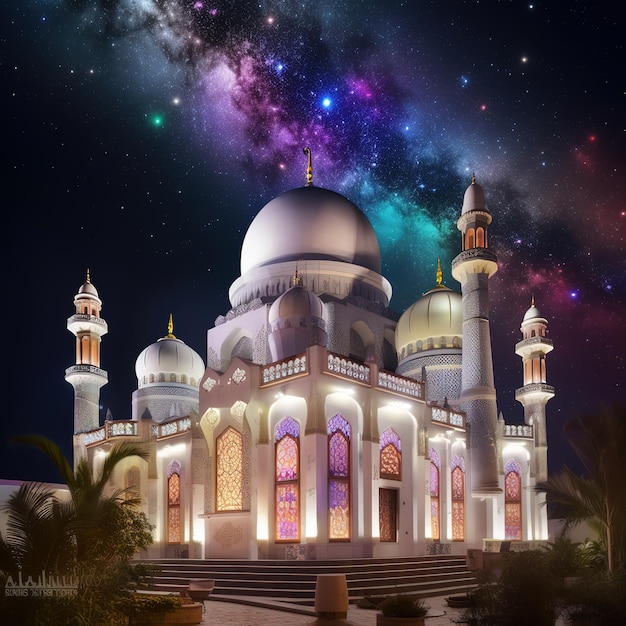 beauty mosque with colorful lights and full star sky background at night