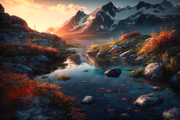 The beauty of the mountains in summer is heightened by the mesmerizing sunset creating a captivating landscape