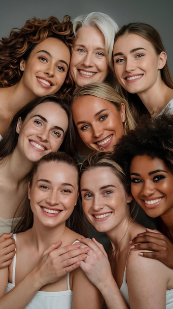 Photo beauty multi ethnic group of womans with diffrent types of skin together agnst grey background crea