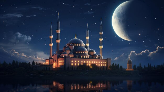 The beauty muslim mosque at night with the moon for ramadan concept background AI generated image