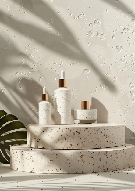 Photo beauty natural skincare product mock up bio cosmetics bottles on stone terrazzo podium