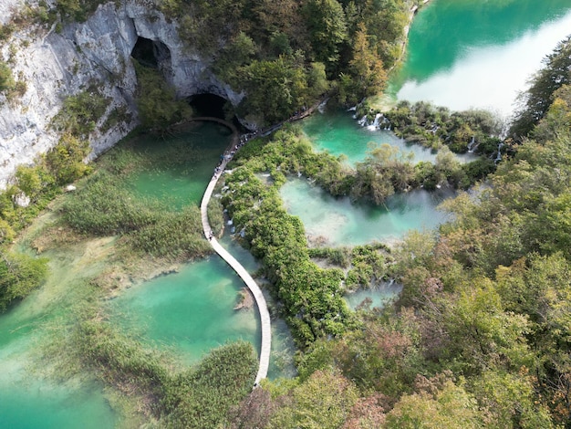 Photo beauty nature waterfall in the plitvice lakes in croatia the waterfalls in forest summer view of beautiful waterfalls and clear lake plitvice lakes national park croatia summer nature landscape