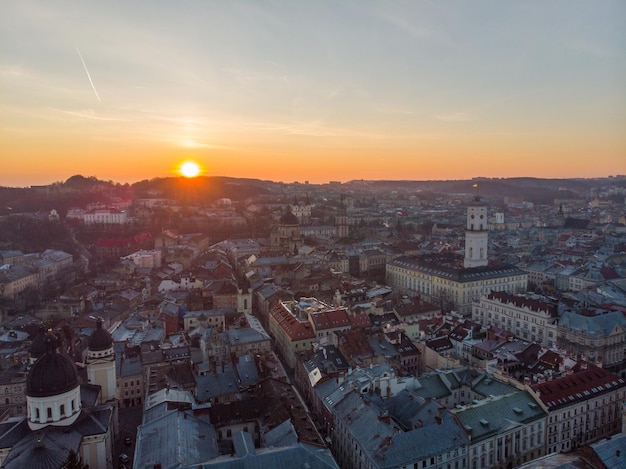 Beauty panoramic view on sunrise over old european city