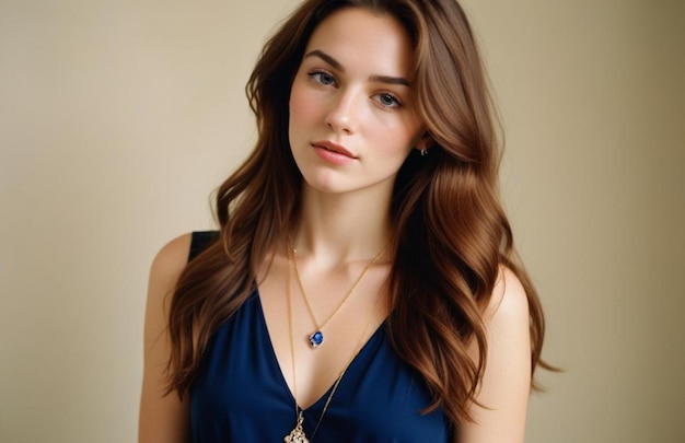 beauty people and jewelry concept beautiful young woman wearing shiny diamond pendant