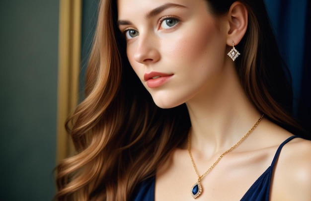 beauty people and jewelry concept beautiful young woman wearing shiny diamond pendant