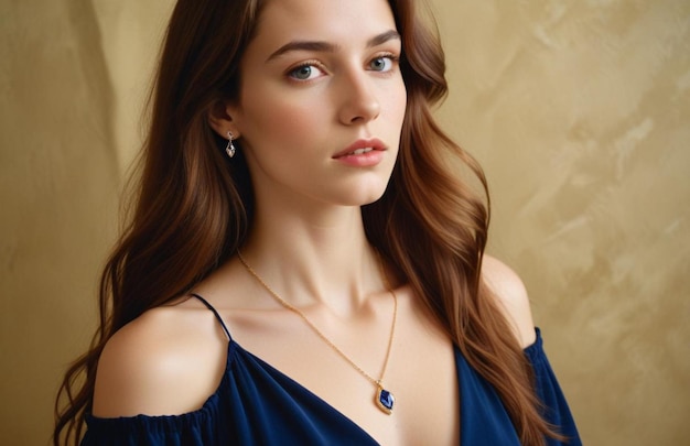 beauty people and jewelry concept beautiful young woman wearing shiny diamond pendant