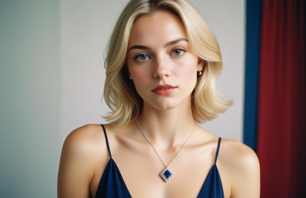 beauty people and jewelry concept beautiful young woman wearing shiny diamond pendant