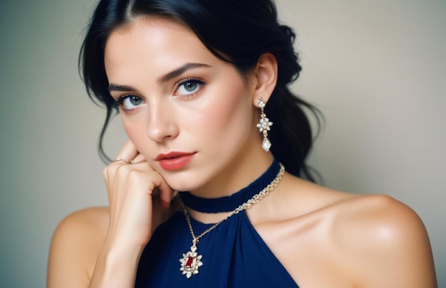 beauty people and jewelry concept beautiful young woman wearing shiny diamond pendant