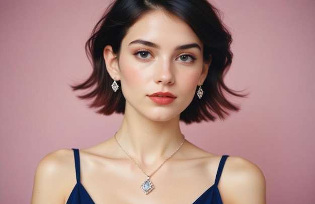 beauty people and jewelry concept beautiful young woman wearing shiny diamond pendant