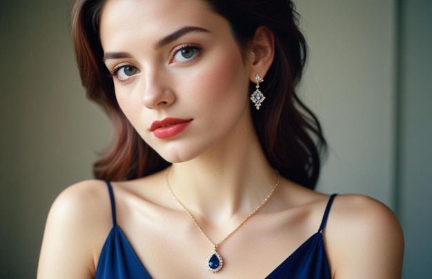 beauty people and jewelry concept beautiful young woman wearing shiny diamond pendant