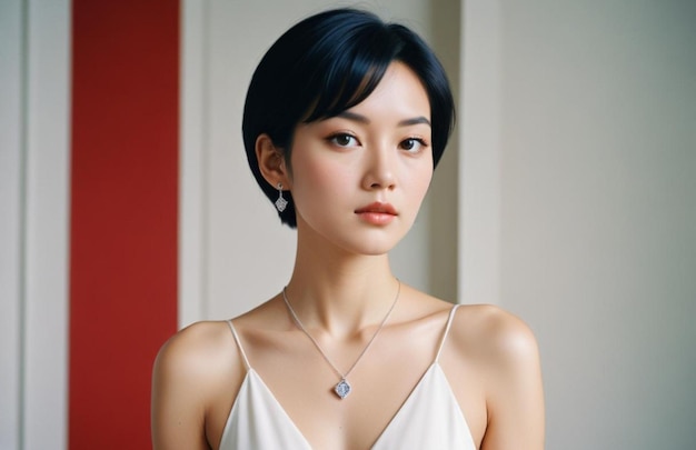 beauty people and jewelry concept beautiful young woman wearing shiny diamond pendant