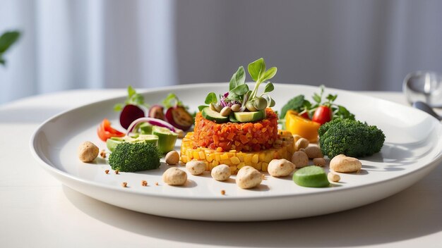 beauty of plant based dining by capturing a snapshot of a vegetarian food plate on a bright white wo