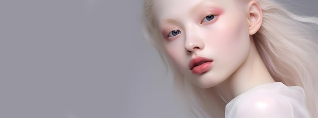 Beauty portrait of an albino girl with styled hair and pink flowers concept of a beauty salon skin care space for text