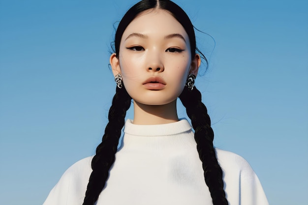 Photo beauty portrait of asian woman model with long black hair and perfect clear skin wearing white sweat