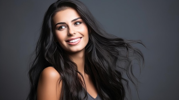 Beauty portrait of an attractive smiling sensual young woman with wet brunette long hair standing isolated over gray background