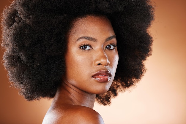 Beauty portrait of black woman with skincare hair care and natural makeup for facial aesthetics wellness and healthcare Salon afro hair cosmetics and face of model with glowing skin treatment