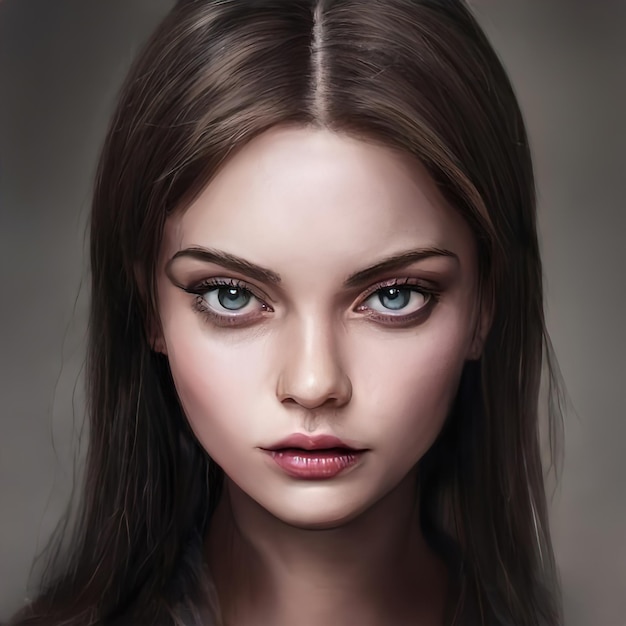 Beauty Portrait of a brown haired woman in close-up. Beautiful hairstyle natural makeup, perfect hair. Dark hair on girl head. Illustration