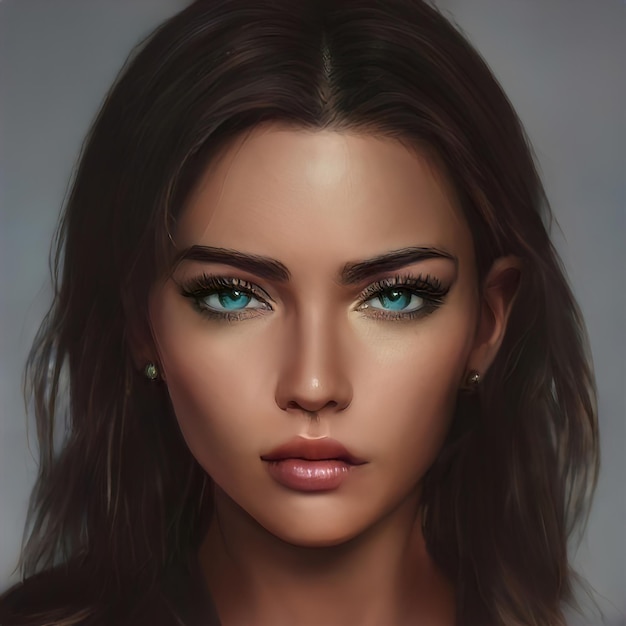 Beauty Portrait of a brown haired woman in close-up. Beautiful hairstyle natural makeup, perfect hair. Dark hair on girl head. Illustration