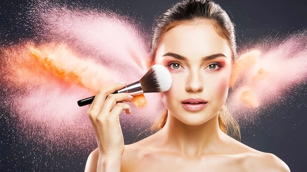 Photo beauty portrait of pretty woman with brushes for makeup