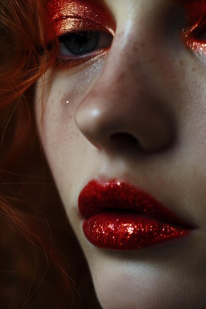 Beauty portrait of redhead woman with red glamour make up Red lips and red eyeshadows