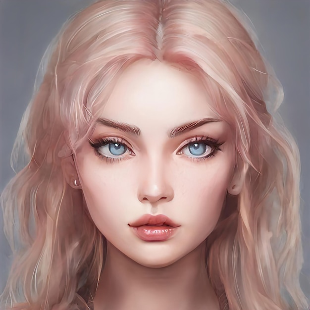 Beauty portrait woman pink color hair Beautiful pink blonde dyed hair girl Closeup of face beautiful makeup Illustration