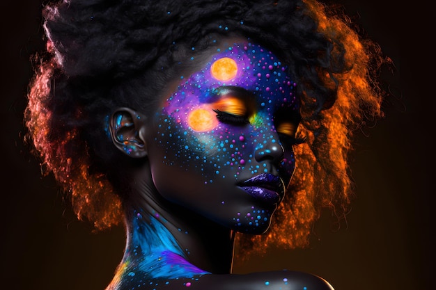 Beauty portrait of a woman with black skin in ultraviolet splashes of colored paint on her face drops Blue makeup galaxy stars dark purple lip color 3d illustration