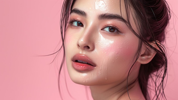 Beauty portrait of young asian woman with fresh clean skin on pink background Face care Facial tre