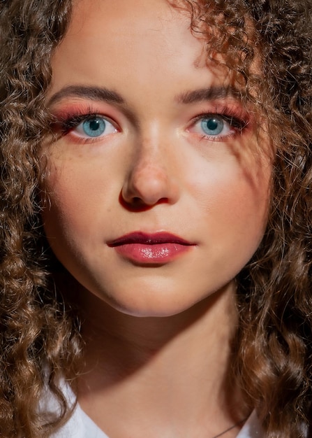 Beauty Portrait of a young girl with curly hair closeup The girl with blue eyes